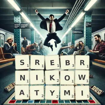 Kreatywna ilustracja do gry w Scrabble ze słowem SREBRNIKOWATYMI ułożonym z płytek na planszy.