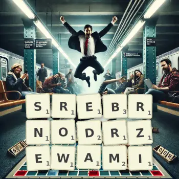 Kreatywna ilustracja do gry w Scrabble ze słowem SREBRNODRZEWAMI ułożonym z płytek na planszy.