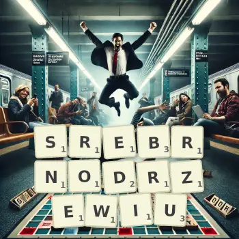 Kreatywna ilustracja do gry w Scrabble ze słowem SREBRNODRZEWIU ułożonym z płytek na planszy.