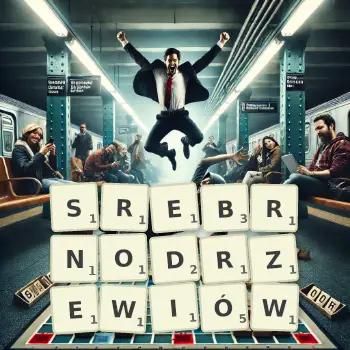 Kreatywna ilustracja do gry w Scrabble ze słowem SREBRNODRZEWIÓW ułożonym z płytek na planszy.