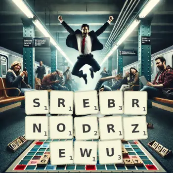 Kreatywna ilustracja do gry w Scrabble ze słowem SREBRNODRZEWU ułożonym z płytek na planszy.