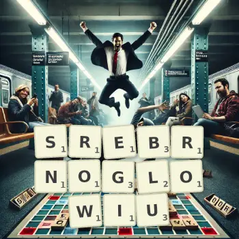 Kreatywna ilustracja do gry w Scrabble ze słowem SREBRNOGLOWIU ułożonym z płytek na planszy.