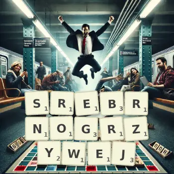 Kreatywna ilustracja do gry w Scrabble ze słowem SREBRNOGRZYWEJ ułożonym z płytek na planszy.