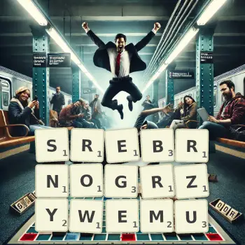 Kreatywna ilustracja do gry w Scrabble ze słowem SREBRNOGRZYWEMU ułożonym z płytek na planszy.