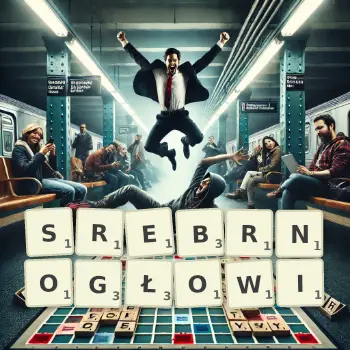 Kreatywna ilustracja do gry w Scrabble ze słowem SREBRNOGŁOWI ułożonym z płytek na planszy.