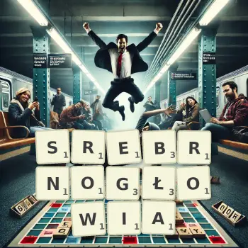 Kreatywna ilustracja do gry w Scrabble ze słowem SREBRNOGŁOWIA ułożonym z płytek na planszy.