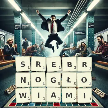 Kreatywna ilustracja do gry w Scrabble ze słowem SREBRNOGŁOWIAMI ułożonym z płytek na planszy.