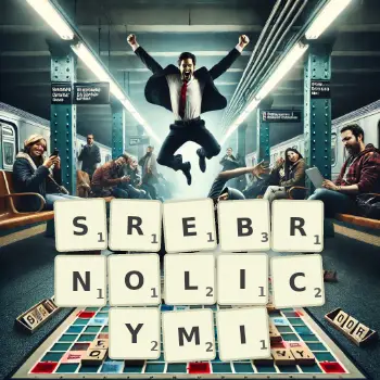 Kreatywna ilustracja do gry w Scrabble ze słowem SREBRNOLICYMI ułożonym z płytek na planszy.