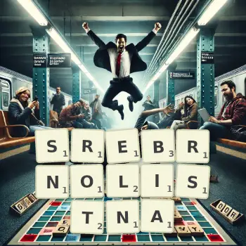 Kreatywna ilustracja do gry w Scrabble ze słowem SREBRNOLISTNA ułożonym z płytek na planszy.