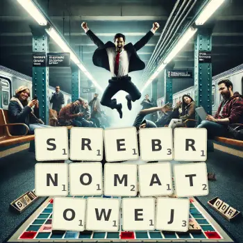 Kreatywna ilustracja do gry w Scrabble ze słowem SREBRNOMATOWEJ ułożonym z płytek na planszy.