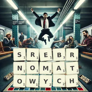 Kreatywna ilustracja do gry w Scrabble ze słowem SREBRNOMATOWYCH ułożonym z płytek na planszy.