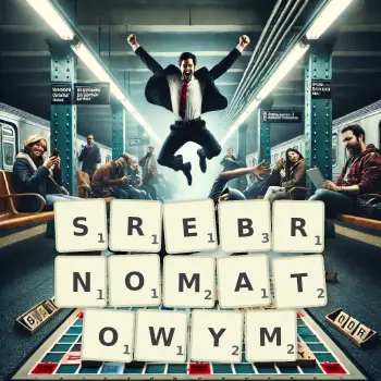 Kreatywna ilustracja do gry w Scrabble ze słowem SREBRNOMATOWYM ułożonym z płytek na planszy.