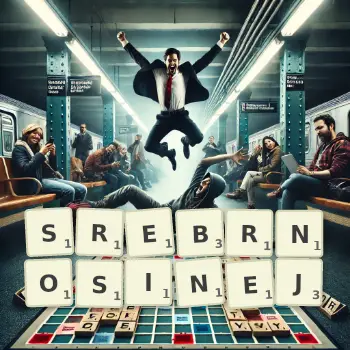 Kreatywna ilustracja do gry w Scrabble ze słowem SREBRNOSINEJ ułożonym z płytek na planszy.