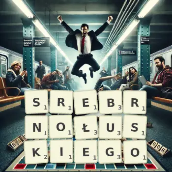 Kreatywna ilustracja do gry w Scrabble ze słowem SREBRNOŁUSKIEGO ułożonym z płytek na planszy.