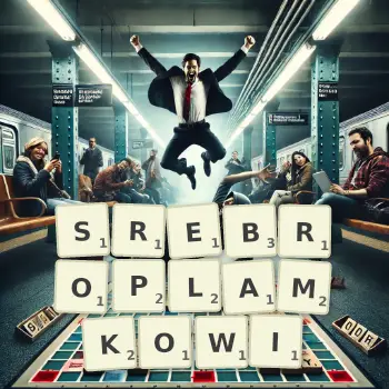 Kreatywna ilustracja do gry w Scrabble ze słowem SREBROPLAMKOWI ułożonym z płytek na planszy.