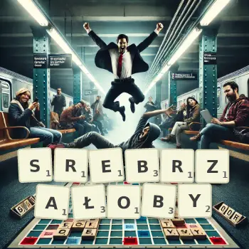 Kreatywna ilustracja do gry w Scrabble ze słowem SREBRZAŁOBY ułożonym z płytek na planszy.