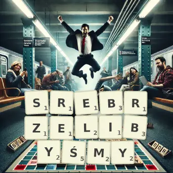 Kreatywna ilustracja do gry w Scrabble ze słowem SREBRZELIBYŚMY ułożonym z płytek na planszy.