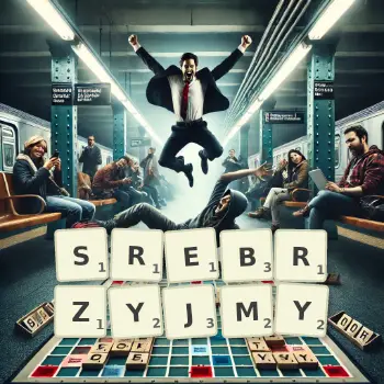 Kreatywna ilustracja do gry w Scrabble ze słowem SREBRZYJMY ułożonym z płytek na planszy.