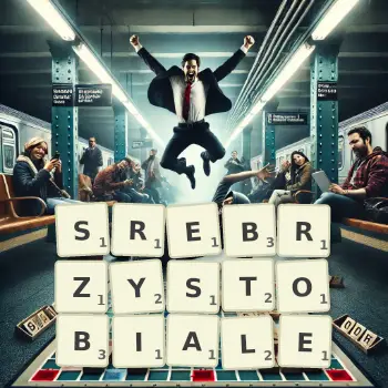 Kreatywna ilustracja do gry w Scrabble ze słowem SREBRZYSTOBIALE ułożonym z płytek na planszy.
