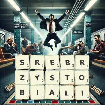 Kreatywna ilustracja do gry w Scrabble ze słowem SREBRZYSTOBIALI ułożonym z płytek na planszy.