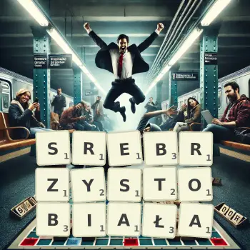 Kreatywna ilustracja do gry w Scrabble ze słowem SREBRZYSTOBIAŁA ułożonym z płytek na planszy.
