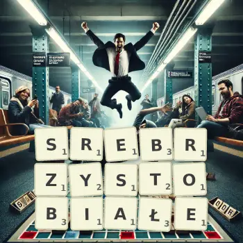 Kreatywna ilustracja do gry w Scrabble ze słowem SREBRZYSTOBIAŁE ułożonym z płytek na planszy.