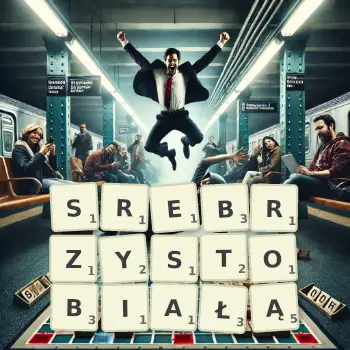Kreatywna ilustracja do gry w Scrabble ze słowem SREBRZYSTOBIAŁĄ ułożonym z płytek na planszy.