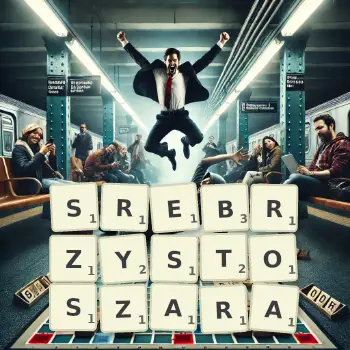 Kreatywna ilustracja do gry w Scrabble ze słowem SREBRZYSTOSZARA ułożonym z płytek na planszy.