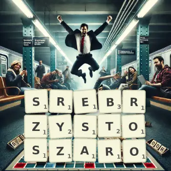 Kreatywna ilustracja do gry w Scrabble ze słowem SREBRZYSTOSZARO ułożonym z płytek na planszy.