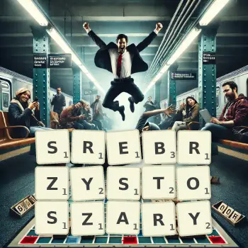 Kreatywna ilustracja do gry w Scrabble ze słowem SREBRZYSTOSZARY ułożonym z płytek na planszy.