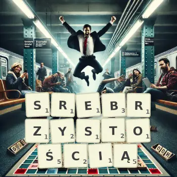 Kreatywna ilustracja do gry w Scrabble ze słowem SREBRZYSTOŚCIĄ ułożonym z płytek na planszy.