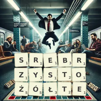 Kreatywna ilustracja do gry w Scrabble ze słowem SREBRZYSTOŻÓŁTE ułożonym z płytek na planszy.
