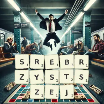 Kreatywna ilustracja do gry w Scrabble ze słowem SREBRZYSTSZEJ ułożonym z płytek na planszy.