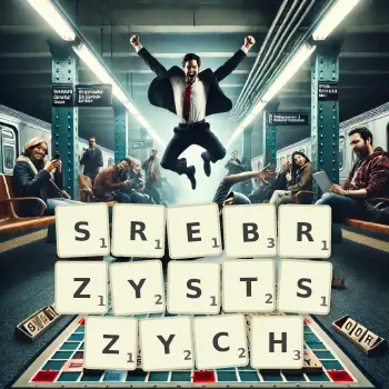 Kreatywna ilustracja do gry w Scrabble ze słowem SREBRZYSTSZYCH ułożonym z płytek na planszy.