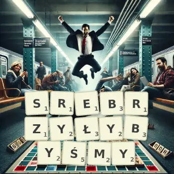 Kreatywna ilustracja do gry w Scrabble ze słowem SREBRZYŁYBYŚMY ułożonym z płytek na planszy.