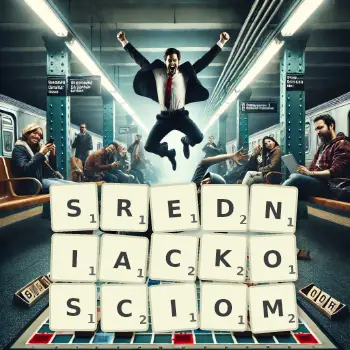 Kreatywna ilustracja do gry w Scrabble ze słowem SREDNIACKOSCIOM ułożonym z płytek na planszy.