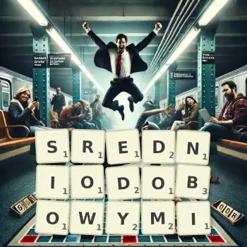 Kreatywna ilustracja do gry w Scrabble ze słowem SREDNIODOBOWYMI ułożonym z płytek na planszy.