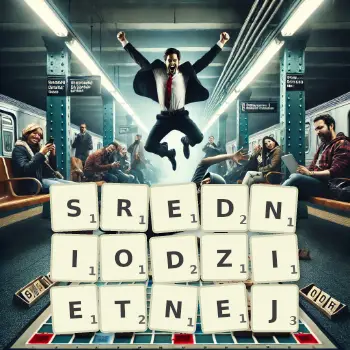 Kreatywna ilustracja do gry w Scrabble ze słowem SREDNIODZIETNEJ ułożonym z płytek na planszy.