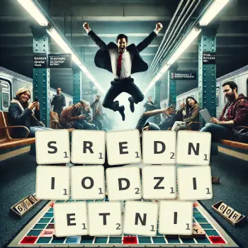 Kreatywna ilustracja do gry w Scrabble ze słowem SREDNIODZIETNI ułożonym z płytek na planszy.