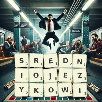 Kreatywna ilustracja do gry w Scrabble ze słowem SREDNIOJEZYKOWI ułożonym z płytek na planszy.