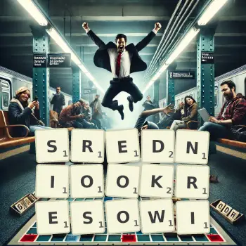 Kreatywna ilustracja do gry w Scrabble ze słowem SREDNIOOKRESOWI ułożonym z płytek na planszy.