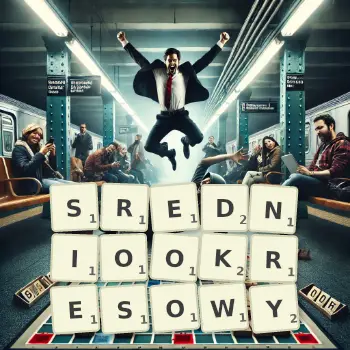 Kreatywna ilustracja do gry w Scrabble ze słowem SREDNIOOKRESOWY ułożonym z płytek na planszy.