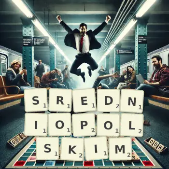 Kreatywna ilustracja do gry w Scrabble ze słowem SREDNIOPOLSKIM ułożonym z płytek na planszy.