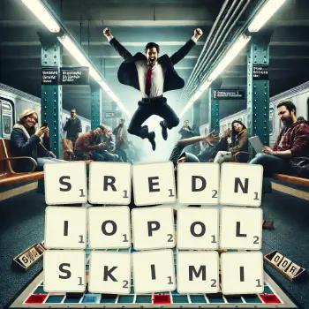 Kreatywna ilustracja do gry w Scrabble ze słowem SREDNIOPOLSKIMI ułożonym z płytek na planszy.