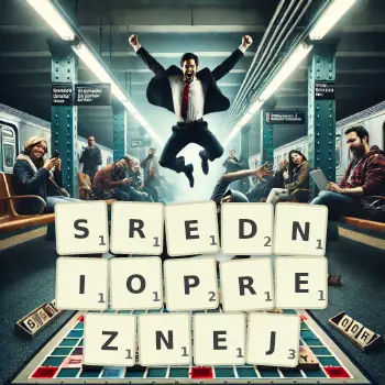 Kreatywna ilustracja do gry w Scrabble ze słowem SREDNIOPREZNEJ ułożonym z płytek na planszy.