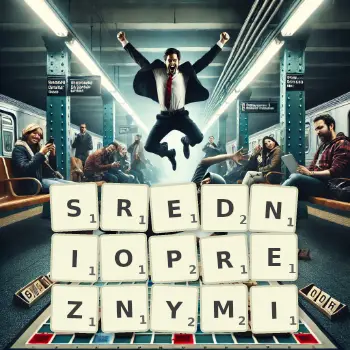 Kreatywna ilustracja do gry w Scrabble ze słowem SREDNIOPREZNYMI ułożonym z płytek na planszy.