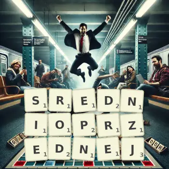 Kreatywna ilustracja do gry w Scrabble ze słowem SREDNIOPRZEDNEJ ułożonym z płytek na planszy.