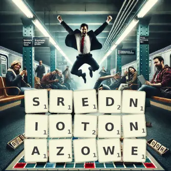 Kreatywna ilustracja do gry w Scrabble ze słowem SREDNIOTONAZOWE ułożonym z płytek na planszy.