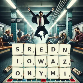 Kreatywna ilustracja do gry w Scrabble ze słowem SREDNIOWAZONYMI ułożonym z płytek na planszy.