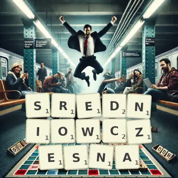 Kreatywna ilustracja do gry w Scrabble ze słowem SREDNIOWCZESNA ułożonym z płytek na planszy.